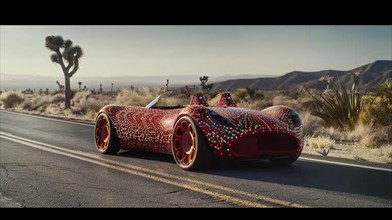 Red leopard print roadster in a tranquil desert landscape, AI generated
