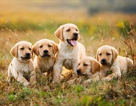 Many puppies of a Labrador dog playing in the meadow, AI generated, AI generated