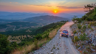 Rally car on a mountain road at sunset, leaving a trail of dust, ai generated, AI generated