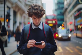 Pupil looking at his smartphone on a busy street in London City, symbolic image for accident risk