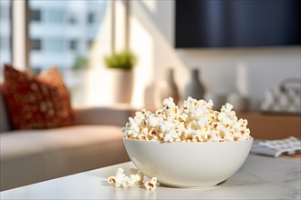 Bowl with popcorn on coffee table. KI generiert, generiert, AI generated