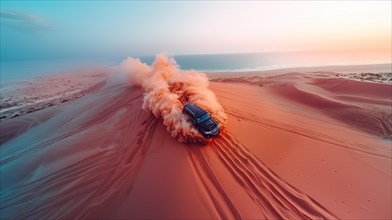 A 4x4 suv racing through a desert, kicking up a dust and sand cloud at sunset, action sports