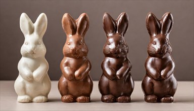 Four chocolate bunnies next to each other, with one white chocolate bunny and three milk chocolate