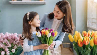 A mother and her daughter embrace lovingly in a room full of fresh tulips, Mother's Day symbol, AI