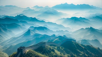 Serene morning view of the Great Wall of China winding through hazy blue and green mountains, ai
