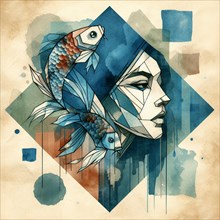 Expressive abstract art of a woman's face with fish and geometric shapes in blue tones, square