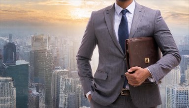 Self-confident businessman with briefcase in front of the panorama of a metropolis at sunset,