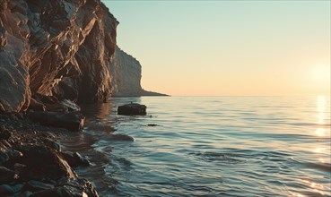 A gentle sunrise illuminates a rocky shore and calm ocean AI generated