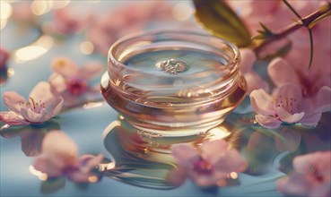 A serene scene with cherry blossoms and a water droplet creating ripples in still water AI