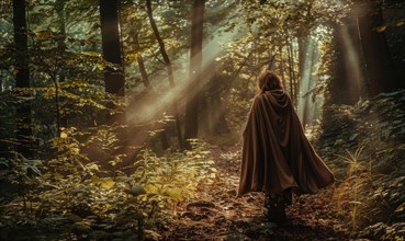 Mystical figure in a cloak walking through a forest in the tranquil morning light AI generated