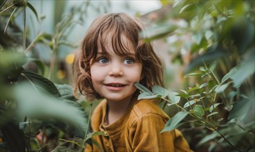 A smiling child is peeking through lush green leaves in a serene garden environment AI generated