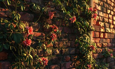 Tranquil scene of pink flowering vines on a brick wall during golden hour AI generated
