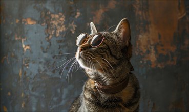 Stylish cat wearing vintage sunglasses and a collar against a textured background AI generated