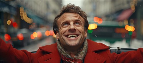 Joyful french man in a red coat with winter city lights blurred in the background, AI generated