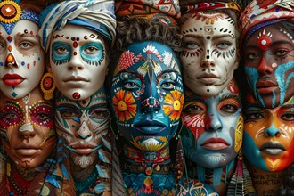 A collection of painted faces with intricate tribal patterns and a burst of vibrant colors,
