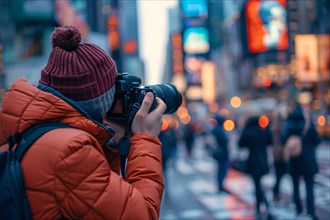 A photographer in an orange jacket taking photos in a vibrant city at night, AI generated