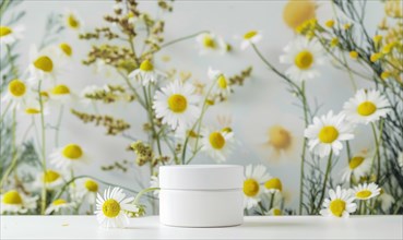Blank cosmetic jar mockup placed on an elegant watercolor chamomile background, skin care and