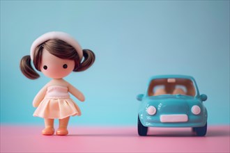 Gender stereotypical toys for children with car and doll on pink and blue background. KI generiert,