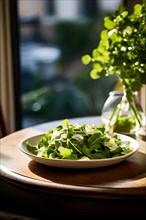 Arugula and parmesan salad elegance captured in simplicity perched on a bistro table, AI generated