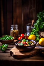 Rustic homemade meal showcasing textures and colors of wholesome ingredients on an old wooden