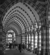 Historic arcade with pointed arches on Via XX settembre, Genoa, Italy, Europe
