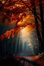 Autumn forest with a winding trail strewn with leaves in hues of orange red and yellow in