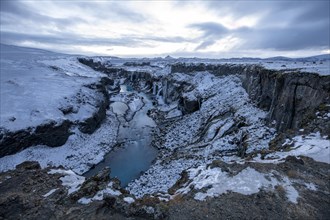 Hrauneyjarfoss waterfalls, onset of winter, Sudurland, Iceland, Europe