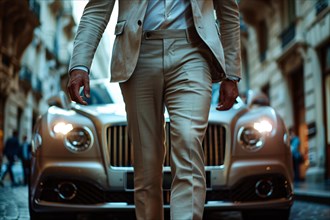 Confident man in a suit walking in front of a luxury car on a city street at night, AI generated