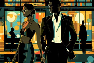Stylized art deco couple walking in a geometrically patterned city, illustration, AI generated