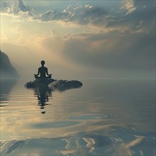 Silhouette of a Buddha statue meditating on water at sunrise, image depicting relaxation,