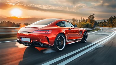 German Red sports car in motion on a road at sunset with dynamic motion blur, AI generated