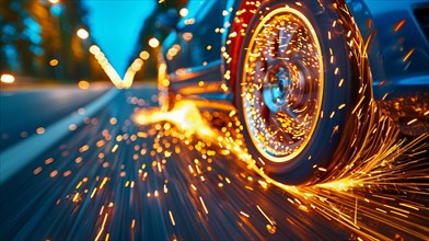 A classic car's wheel generates a shower of sparks, captured with twilight and motion effects, low