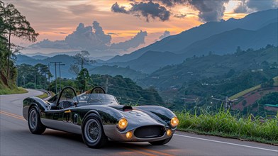 Vintage convertible race car on a mountain road at sunset with vibrant sky, AI generated