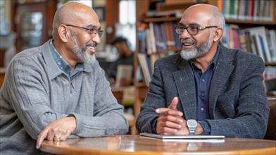 Two african american smiling men, who appear to be twins, having a conversation in university