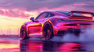 A sleek sports car with pink and purple hues evokes a sense of speed at sunset, AI generated