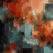 Richly textured abstract painting with a palette knife in dark orange and blue shades, AI generated