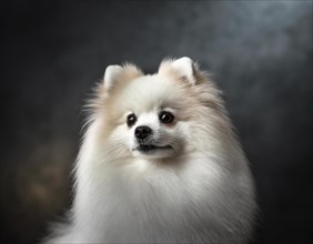 Dog, white spitz, portrait, head only, puppies, dark background, AI generated, AI generated