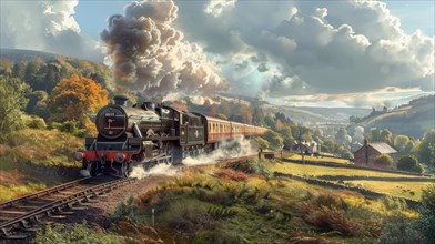 An old-fashioned train steams through a lush valley in the morning light, emitting a plume of
