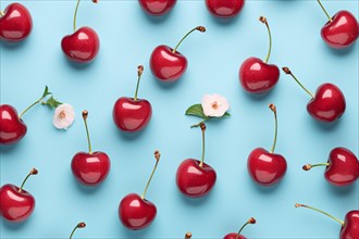 Top view of cherry fruits on blue background. KI generiert, generiert, AI generated