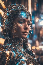 A dramatic representation of a woman in futuristic metallic attire under blue lighting, ray tracing