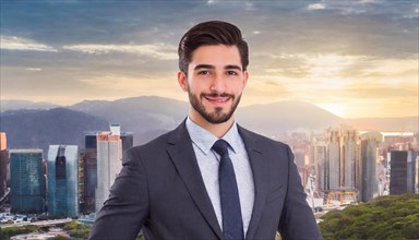 Professional businessman in front of city skyline conveys an image of success and self-confidence,