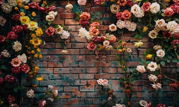A textured brick wall adorned with a vibrant array of flowers AI generated