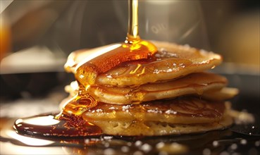 Close-up of syrup pouring over a stack of golden brown, glistening pancakes AI generated