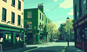 Green toned illustration of the street in small city AI generated
