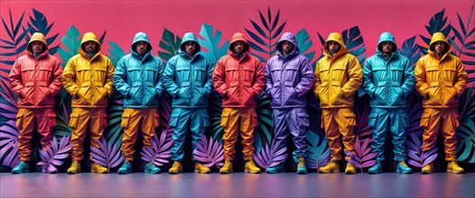A group of men in colorful, patterned jackets lined up against a vibrant urban backdrop, hip hop