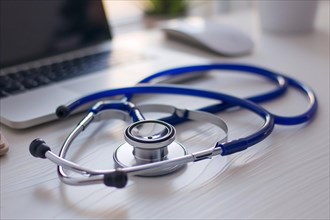 Stethoscope and laptop setup symbolizing modern online healthcare services, AI generated