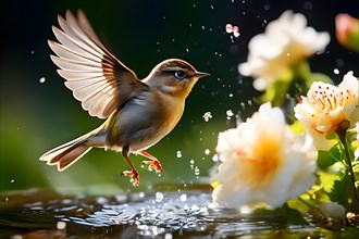 Chiffchaff bird dynamic takeoff from a blooming garden expressing summer wildlife, AI generated