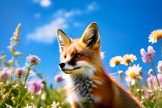 Little fox butterfly weaving through a wildflower meadow under a soft blue summer morning sky, AI