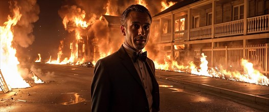 Man in a suit standing in front of a burning building at night, AI generated