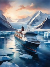 Painting of cruise ship slicing through icy waters glaciers snow capped mountains, AI generated